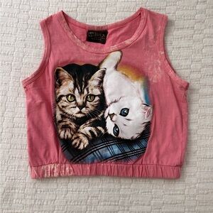 Vintage Pink Tank Top with Cute Cat Graphic - BUZA